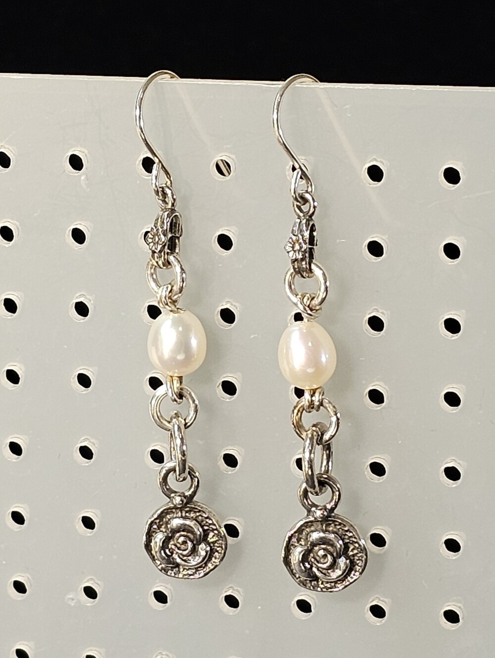 Didae Sterling Silver Rose and Pearl Dangle Earrings